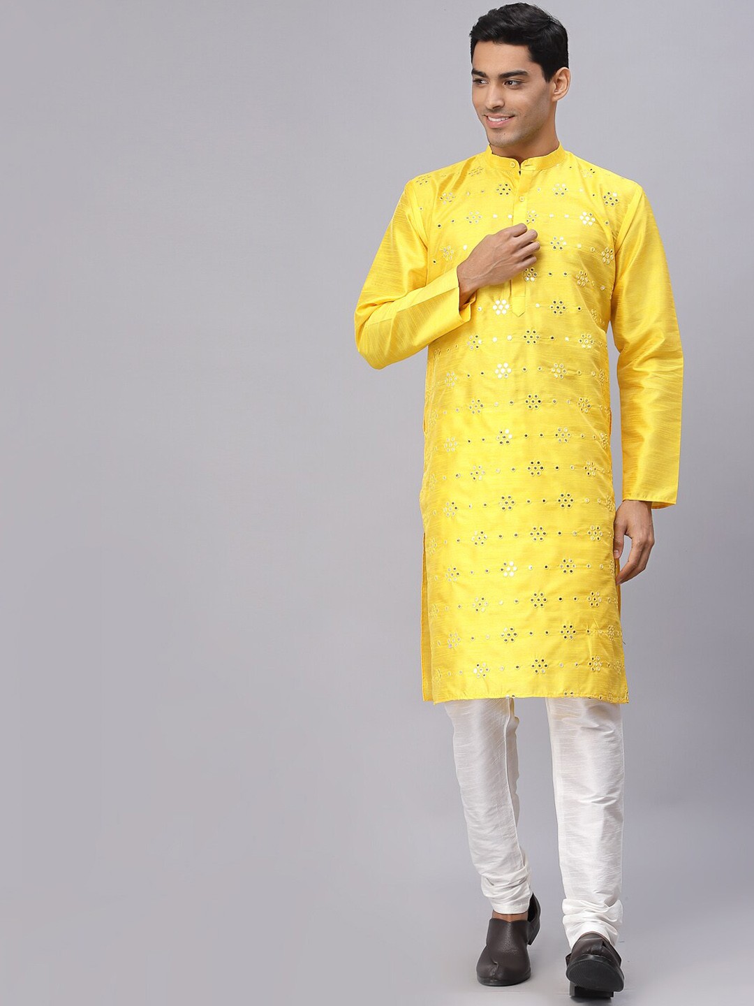 

NEUDIS Men Yellow & White Mirror Work Straight Dupion Silk Kurta & Churidhar