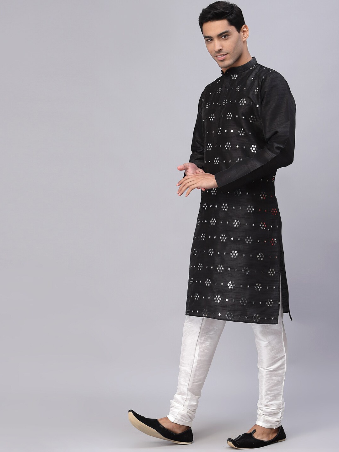 

NEUDIS Men Black Dupion Silk Mirrow Work Straight Kurta & Churidaar Set