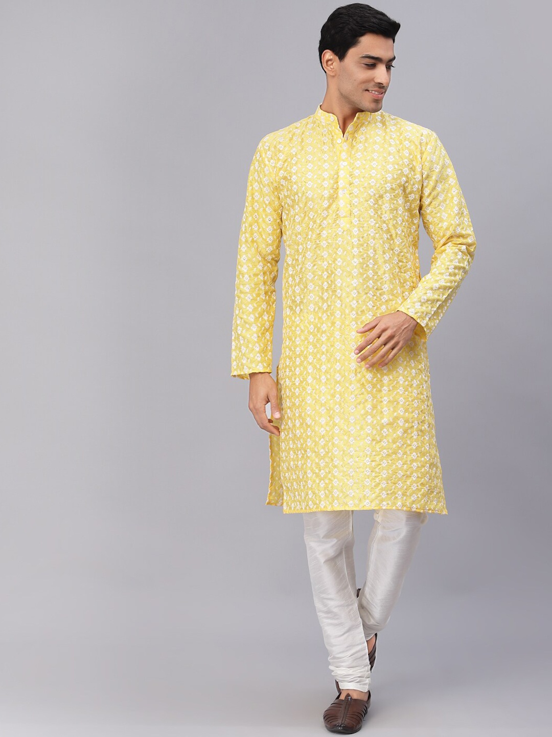

NEUDIS Men Yellow & White Ethnic Motifs Chikankari Dupion Silk Kurta with Churidar