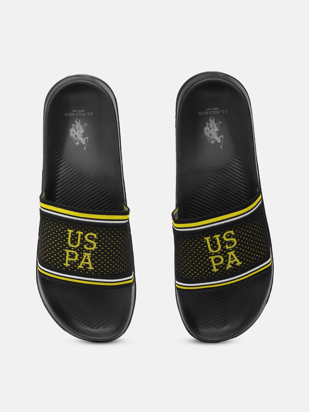 

U.S. Polo Assn. Men Black & Yellow Brand Logo Printed Sliders