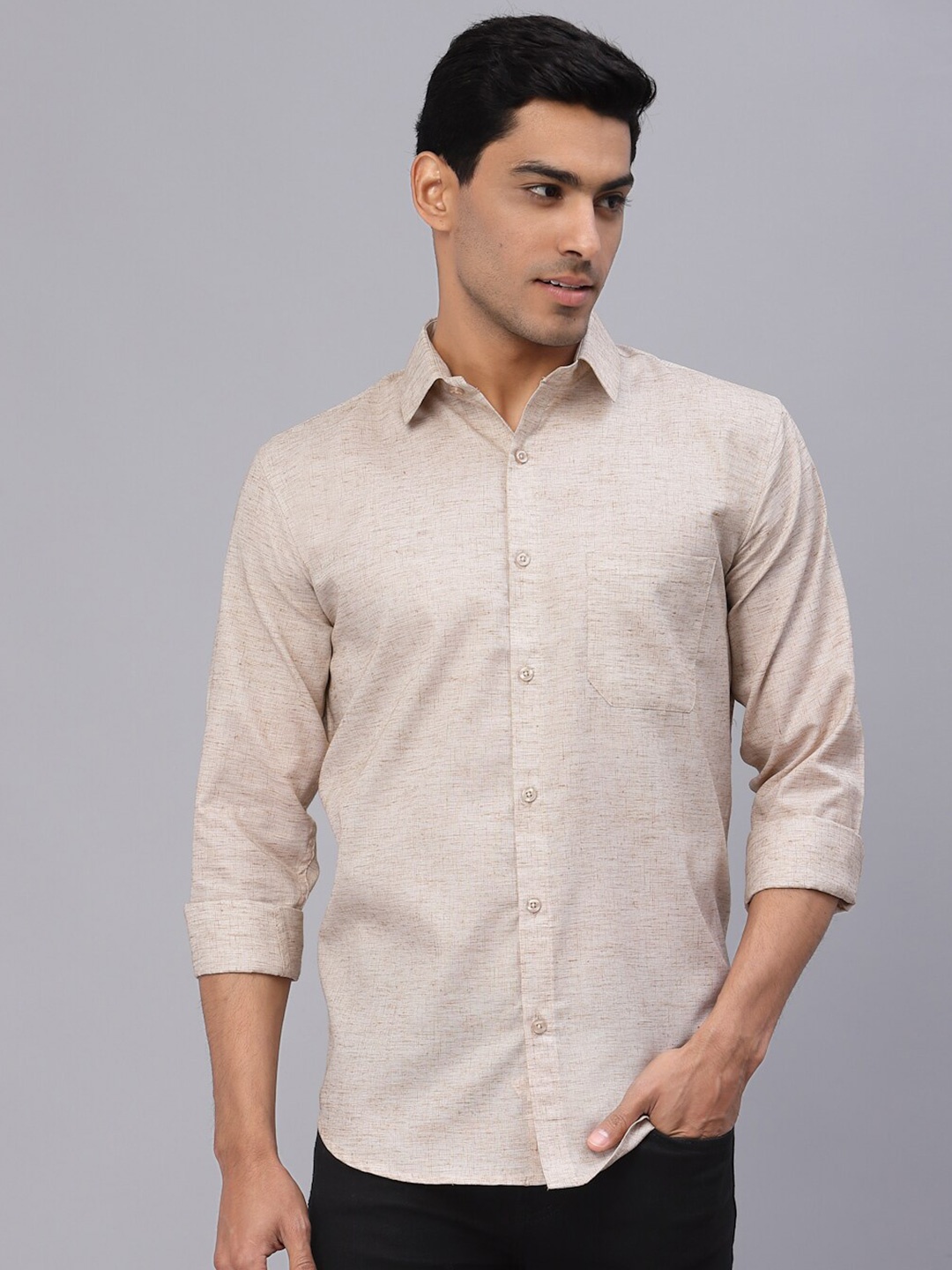 

NEUDIS Men Beige Self Design Cotton Classic Formal Shirt