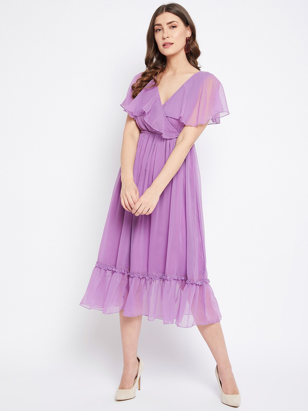 

Bitterlime Women Purple Solid Georgette Fit & Flare Midi Dress