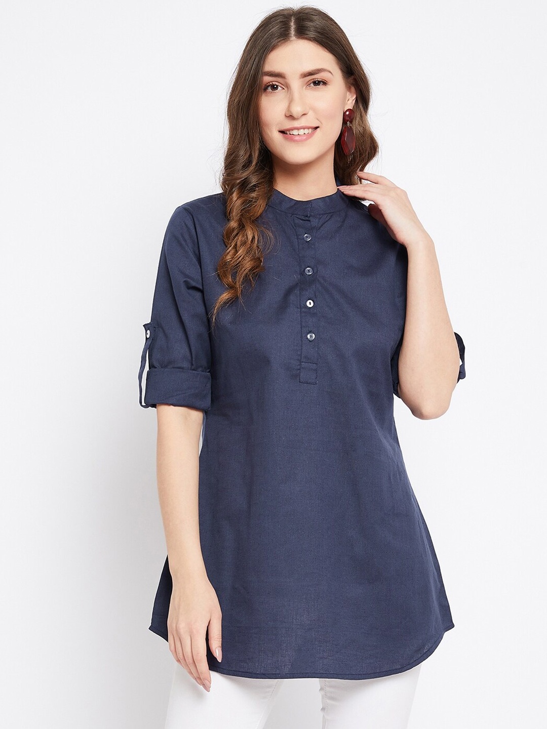 

Bitterlime Women Navy Blue Mandarin Collar Pure Cotton Tunic