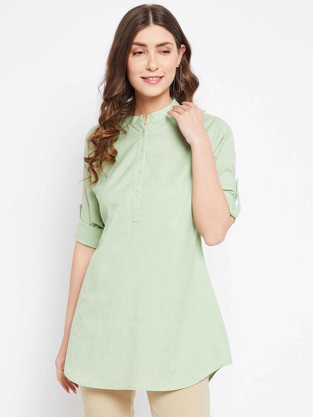 

Bitterlime Women Green Mandarin Collar Pure Cotton Tunic