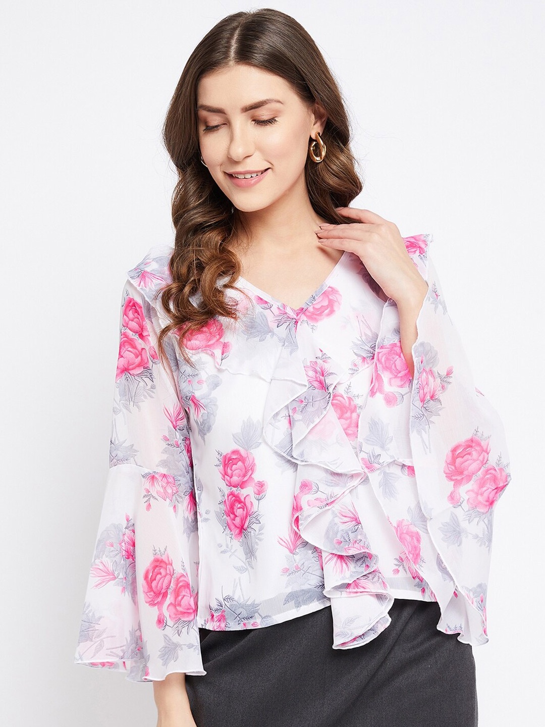 

Bitterlime White Floral Printed Georgette Ruffled Top