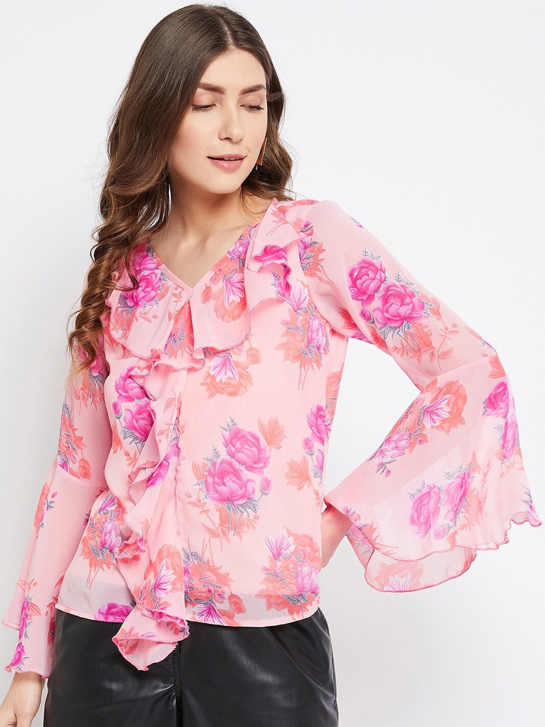 

Bitterlime Women Peach-Coloured Floral Print Georgette Top
