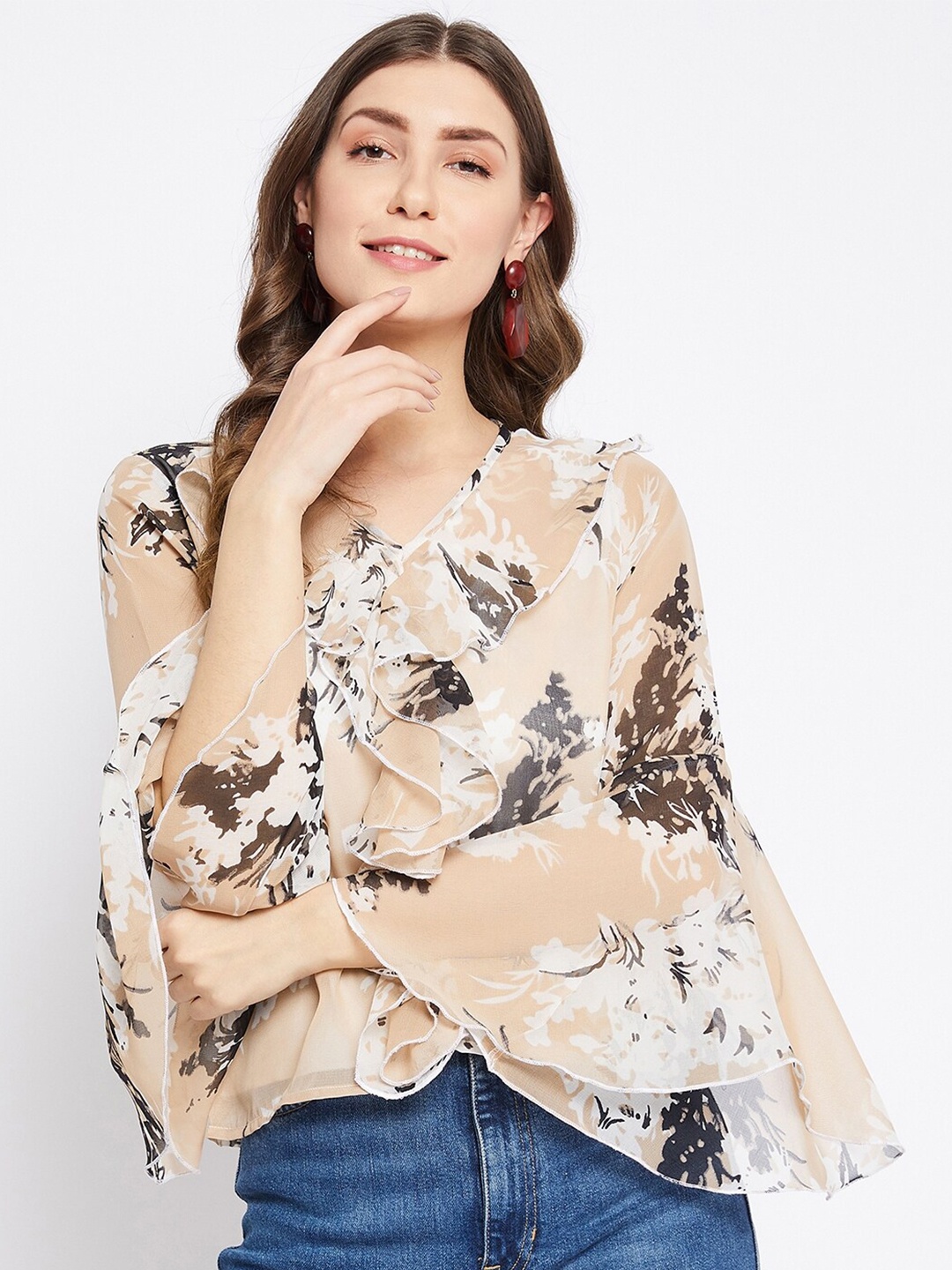

Bitterlime Women Brown & Black Floral Printed Bell Sleeves Georgette Top
