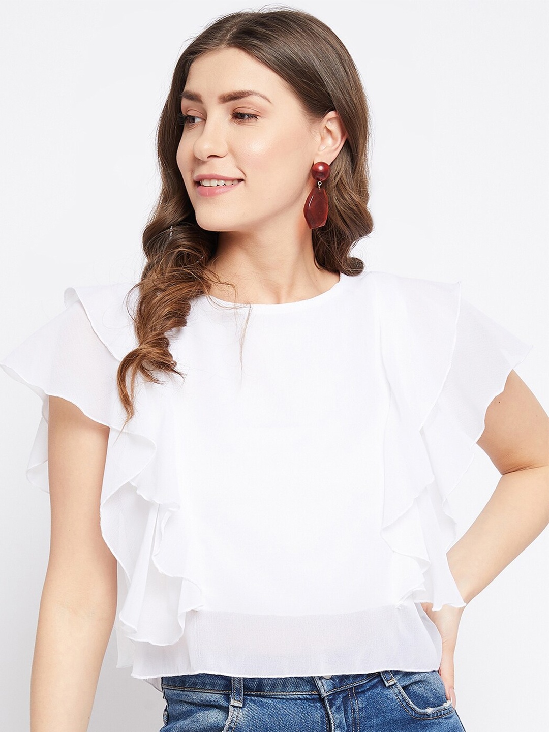 

Bitterlime White Georgette Ruffle With Flutter Sleeves Top