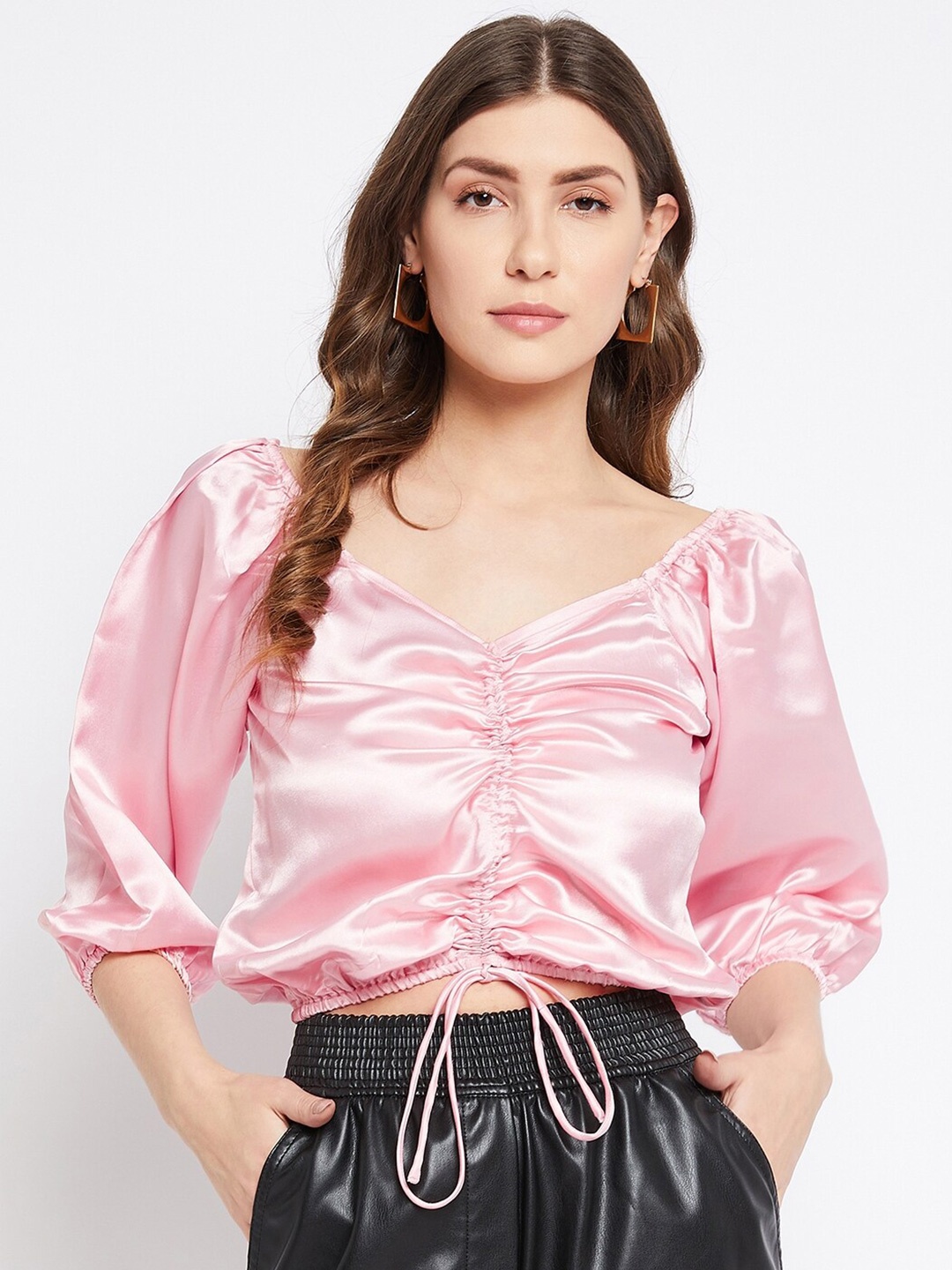 

Bitterlime Pink Sweetheart Neck Ruched Satin Blouson Crop Top