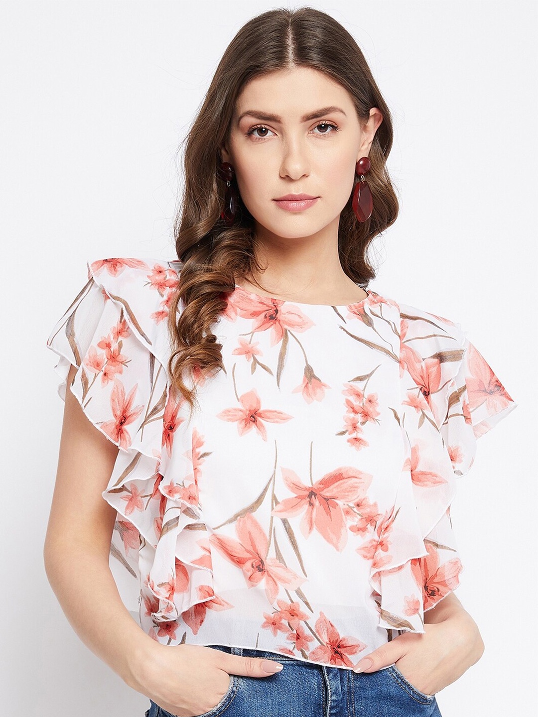 

Bitterlime White Floral Print Georgette Top