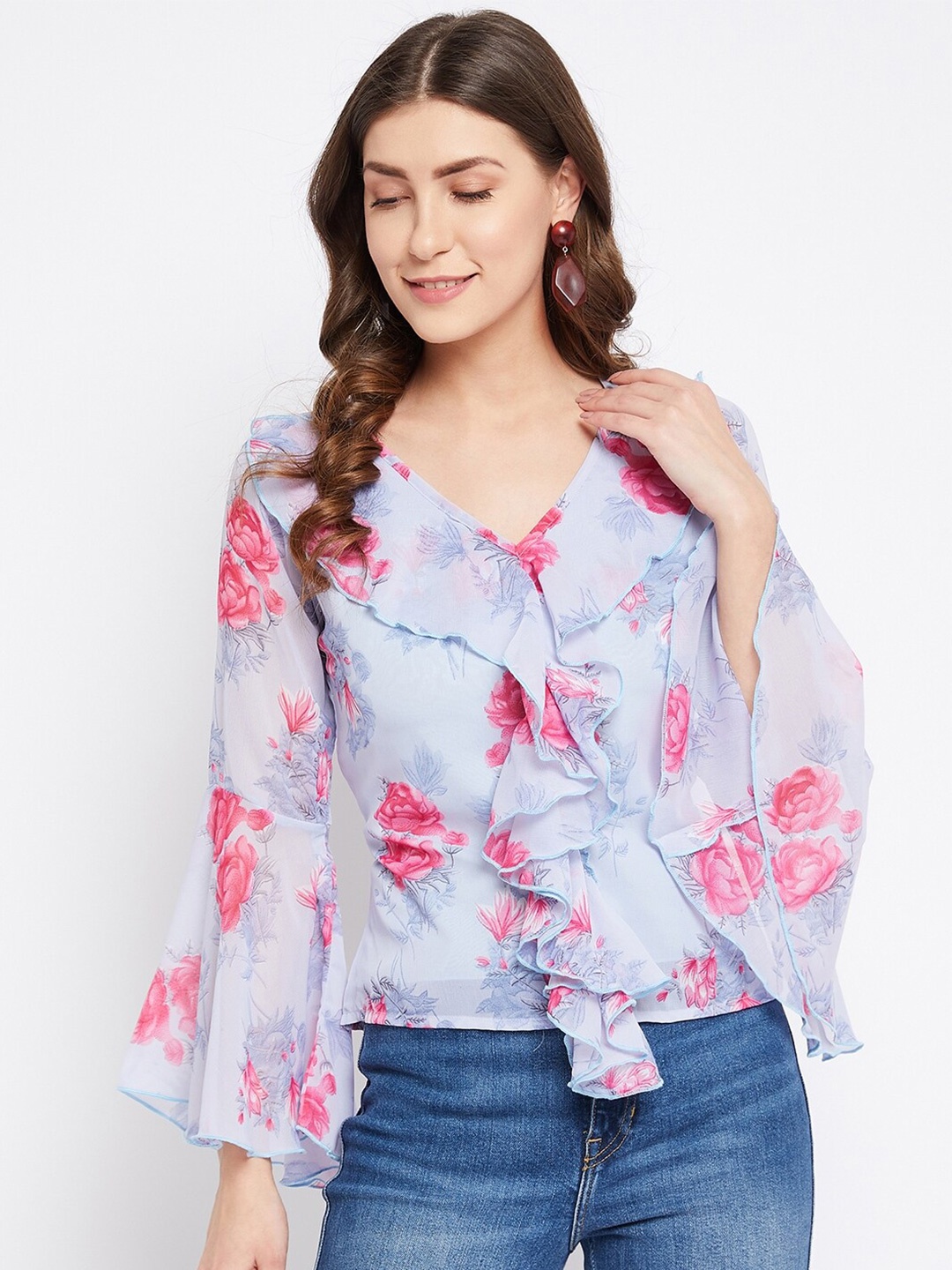 

Bitterlime Women Grey Floral Print Georgette Top