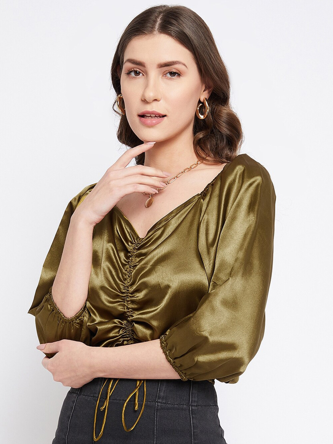 

Bitterlime Olive Green Satin Bardot Crop Top