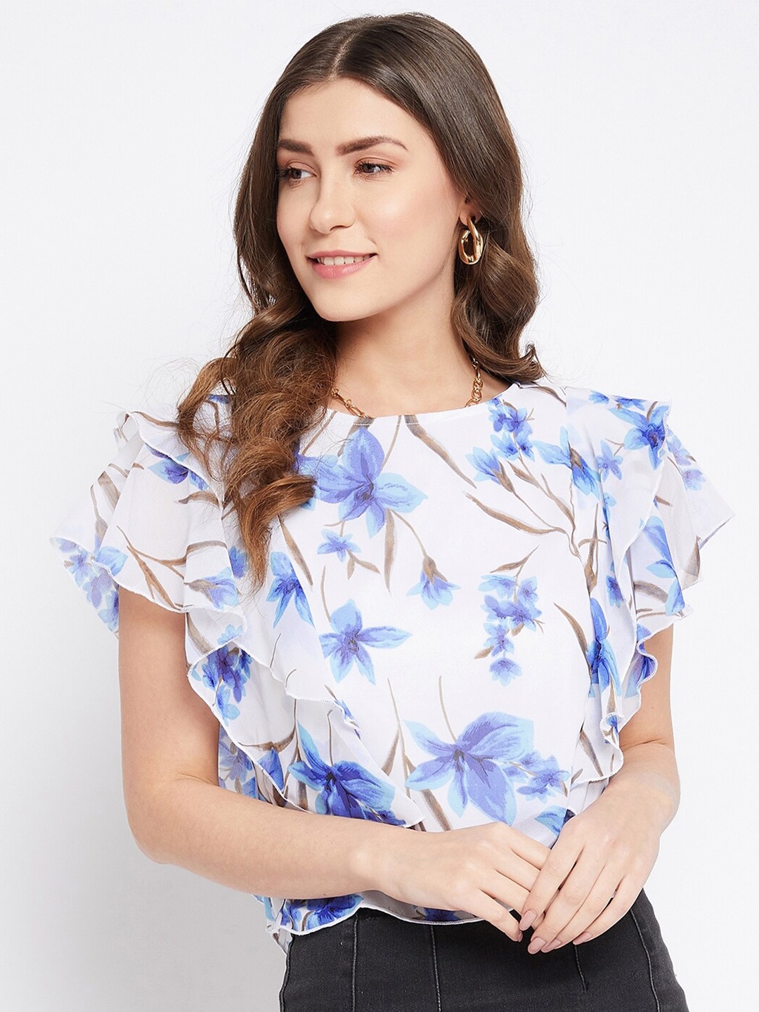 

Bitterlime White Floral Printed Georgette Flutter Sleeves Top
