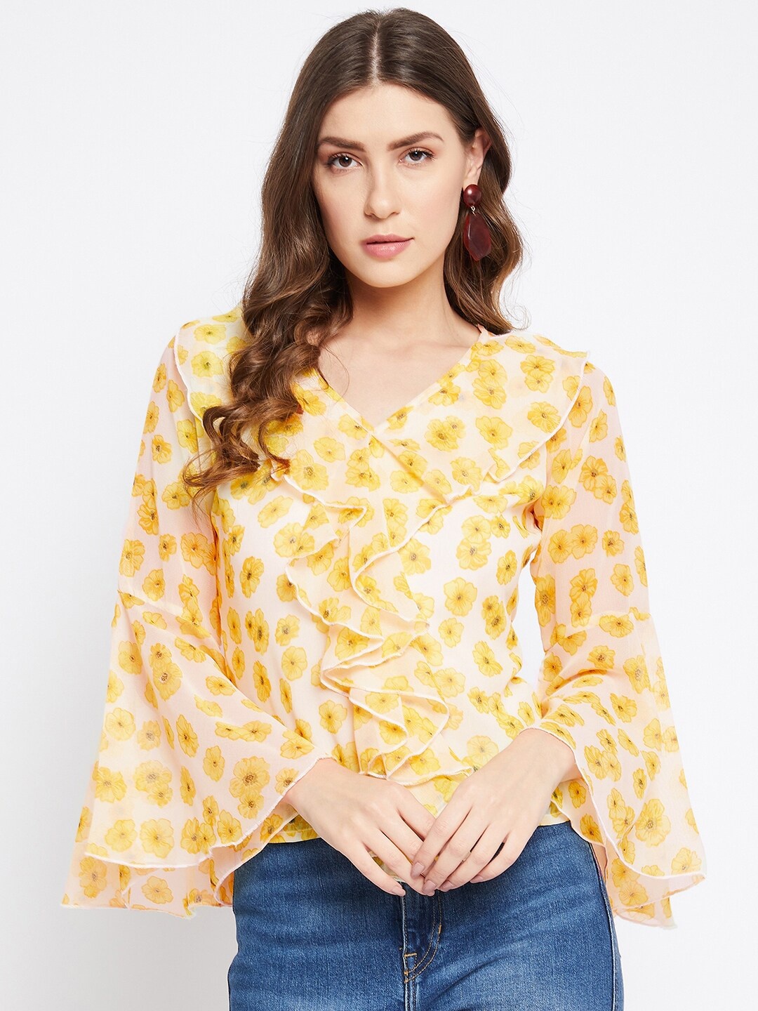

Bitterlime Yellow & Off White Floral Print Ruffles Georgette Top