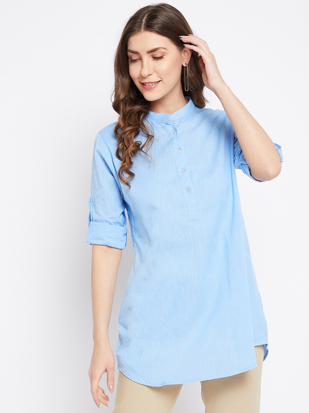 

Bitterlime Women Blue Mandarin Collar Tunic