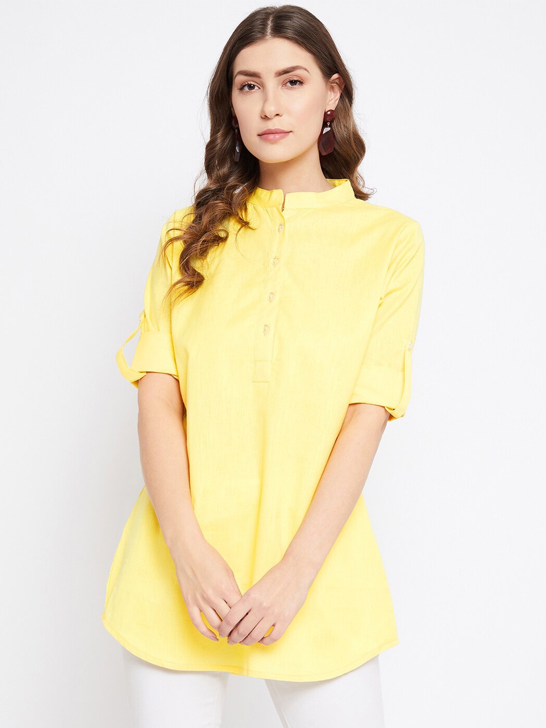 

Bitterlime Women Yellow Mandarin Collar Pure Cotton Tunic