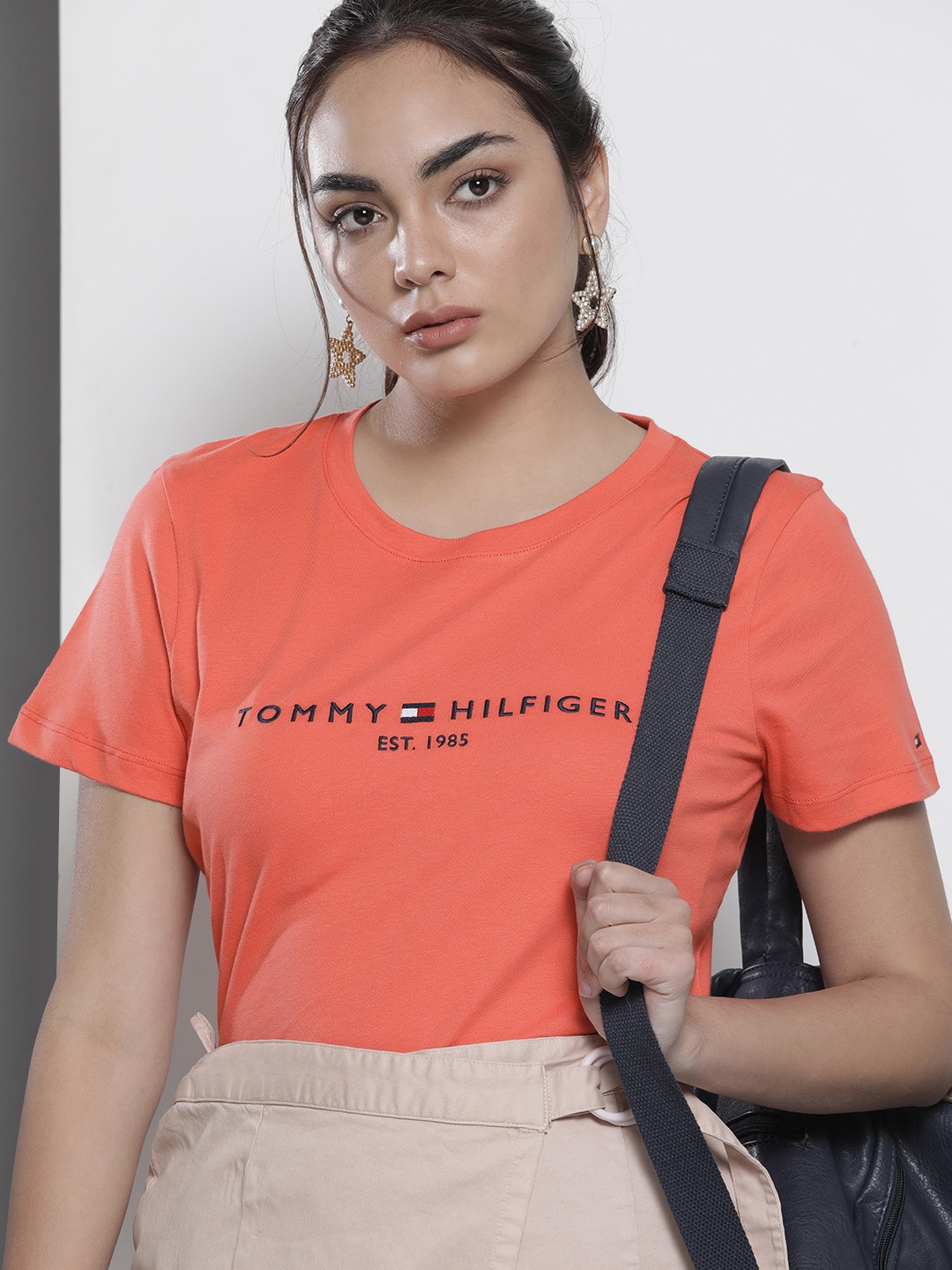 

Tommy Hilfiger Women Coral Orange Brand Logo Embroidered Pure Cotton T-shirt