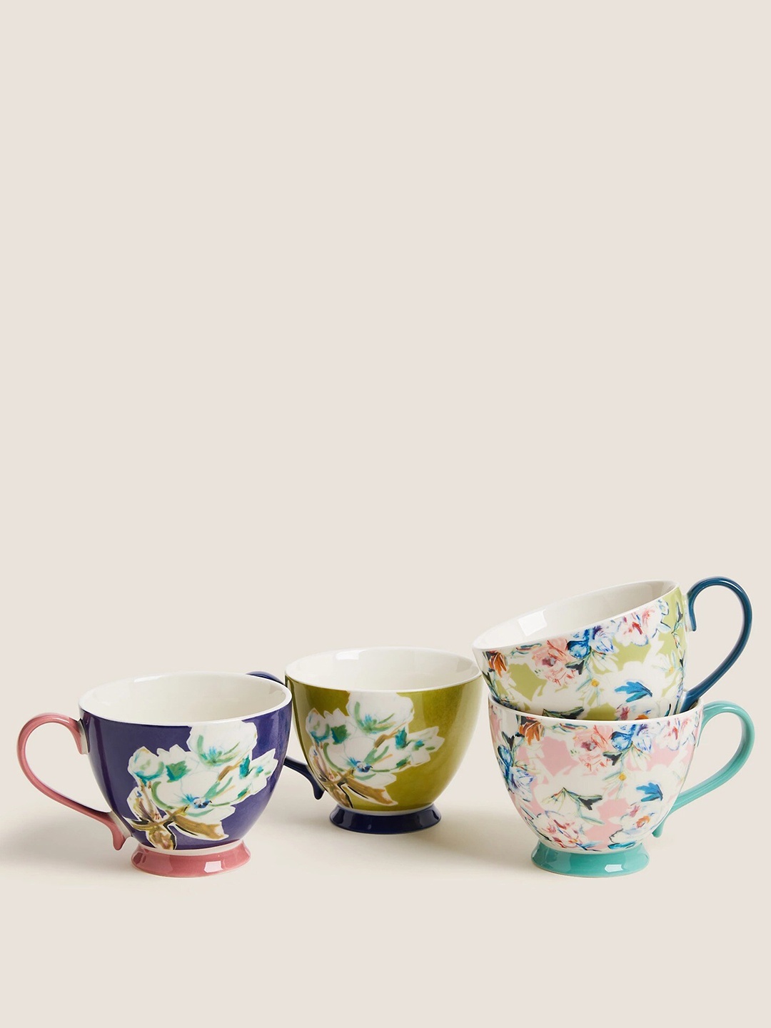 

Marks & Spencer White & Green Set Of 1 Floral Printed Bone China Glossy Cup