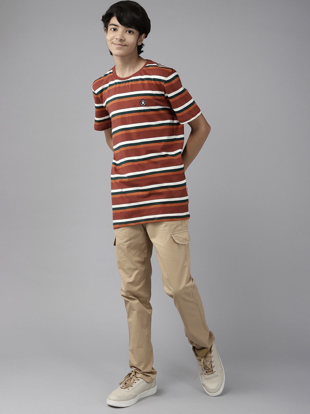 

UTH by Roadster Boys Orange & Off White Striped Cotton T-shirt