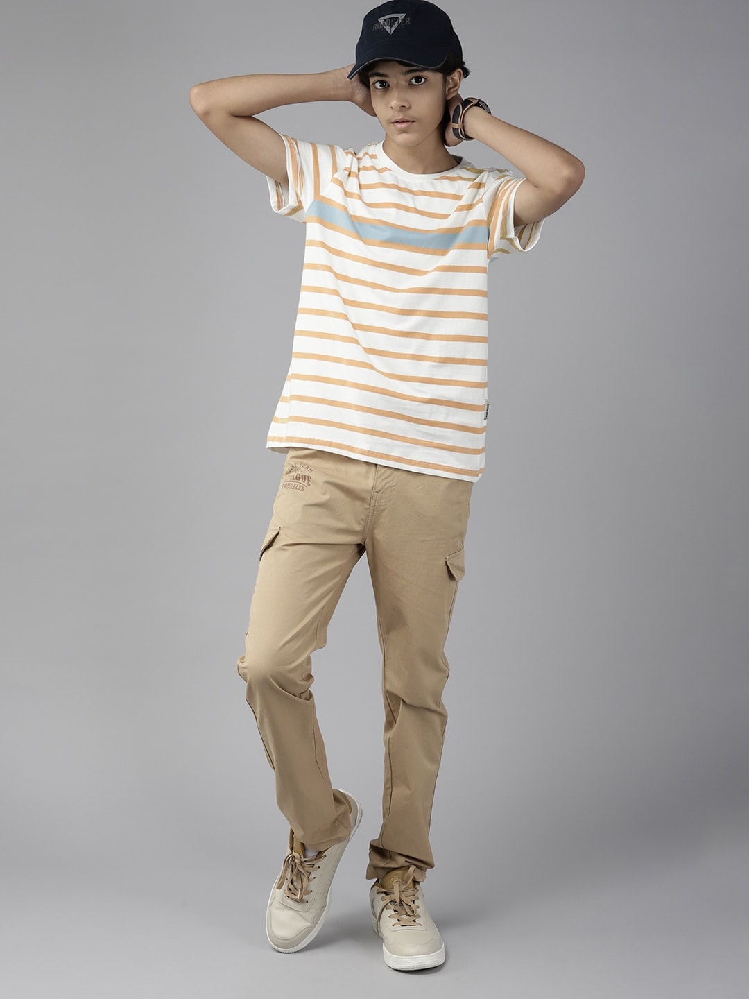 

UTH by Roadster Boys White & Mustard Yellow Striped Cotton T-shirt