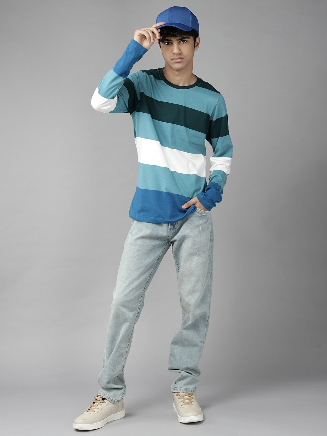 

UTH by Roadster Boys Blue & White Pure Cotton Striped T-shirt