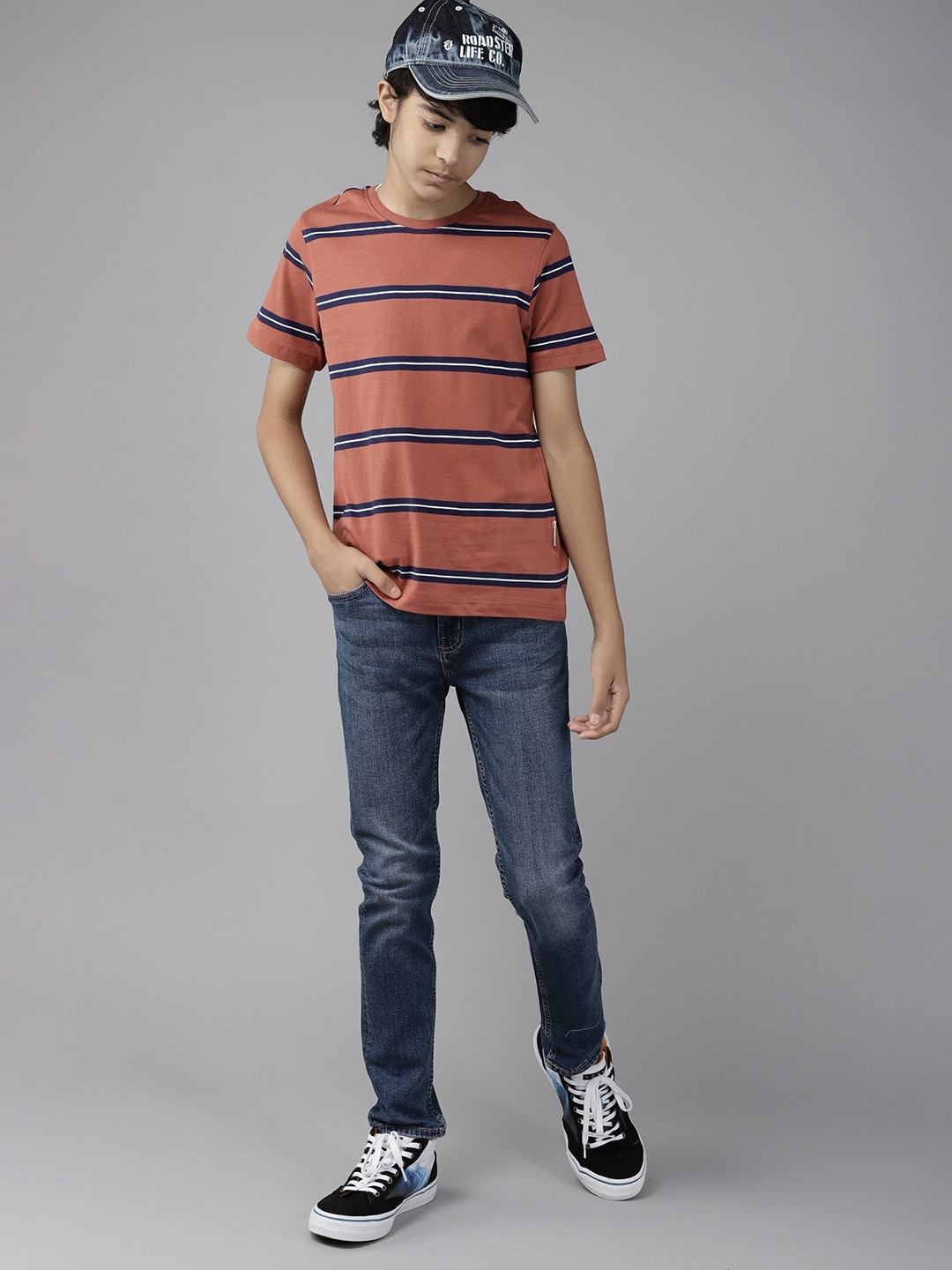

UTH by Roadster Boys Rust Orange & Navy Blue Striped Pure Cotton T-shirt