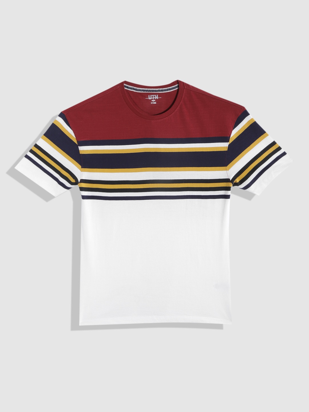 

UTH by Roadster Teen Boys Maroon & White Pure Cotton Striped T-shirt