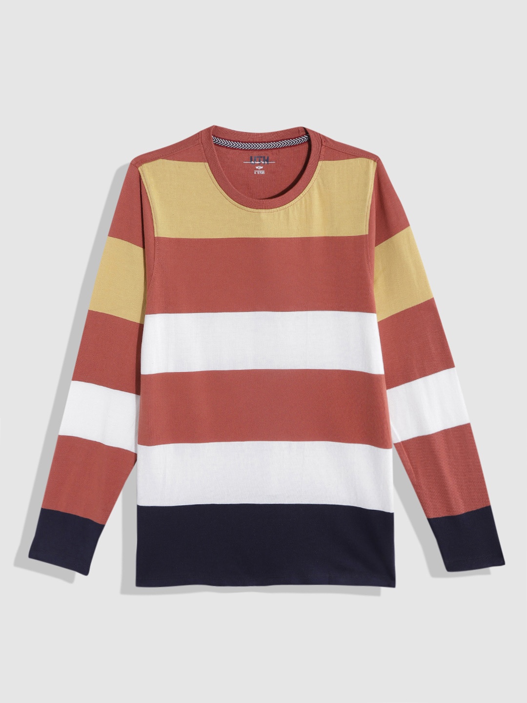 

UTH by Roadster Teen Boys Rust & Yellow Pure Cotton Striped T-shirt