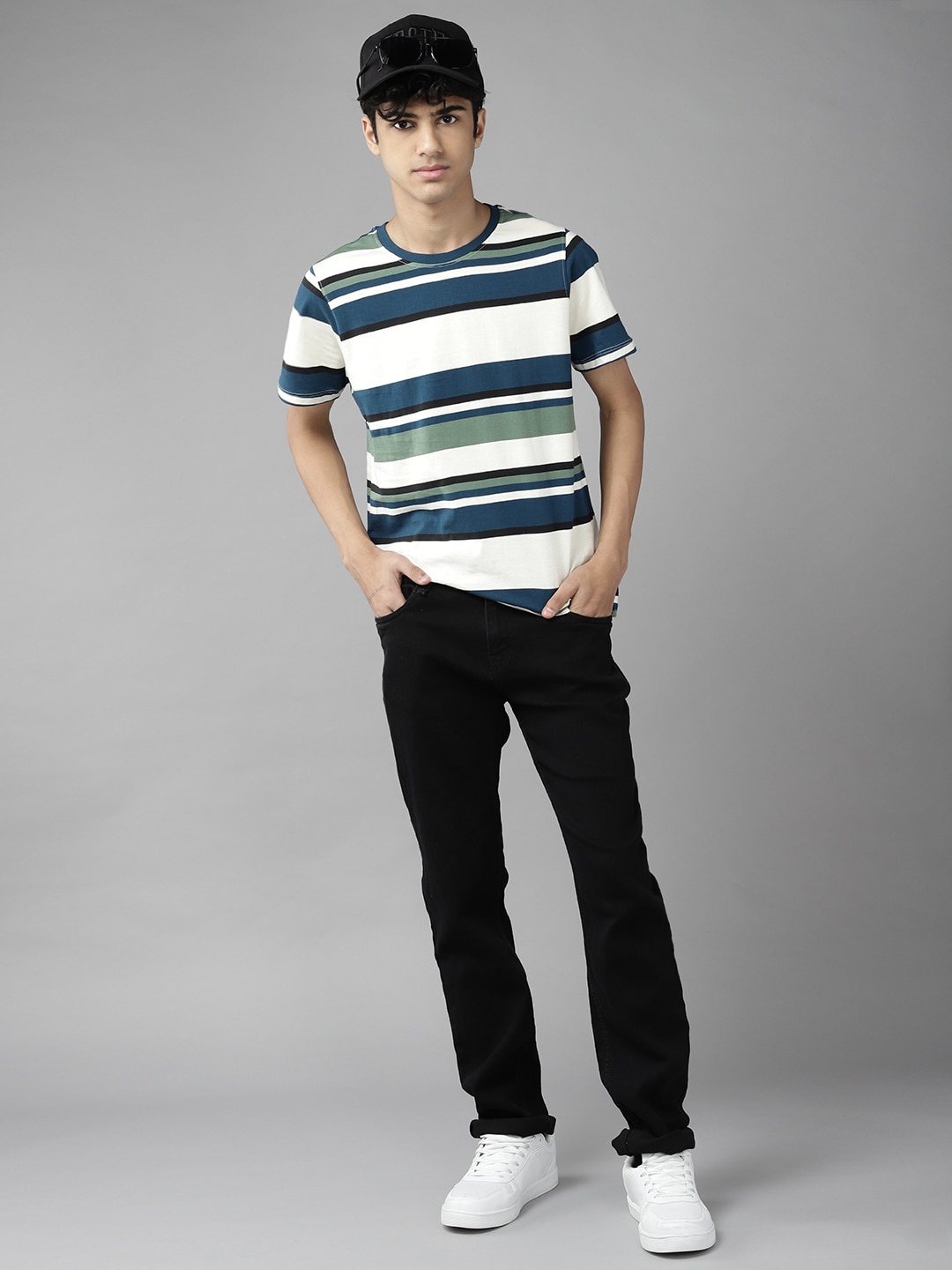 

UTH by Roadster Boys Cream-Coloured & Navy Blue Pure Cotton Striped T-shirt