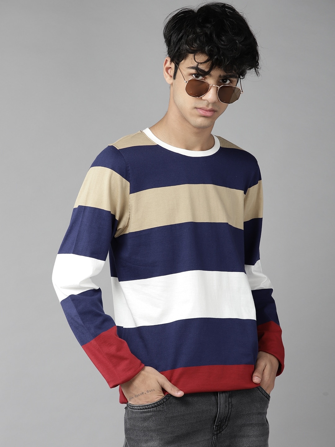 

UTH by Roadster Boys Navy Blue & White Striped Pure Cotton T-shirt
