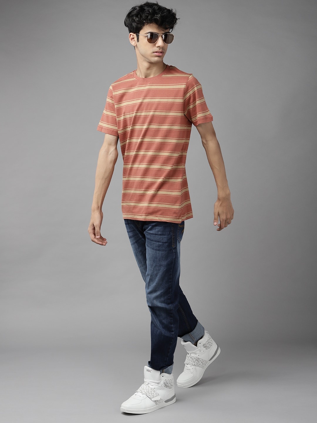 

UTH by Roadster Boys Rust Orange & Beige Striped Pure Cotton T-shirt