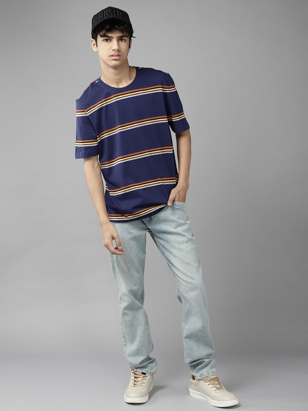 

UTH by Roadster Boys Blue & Red Pure Cotton Striped T-shirt