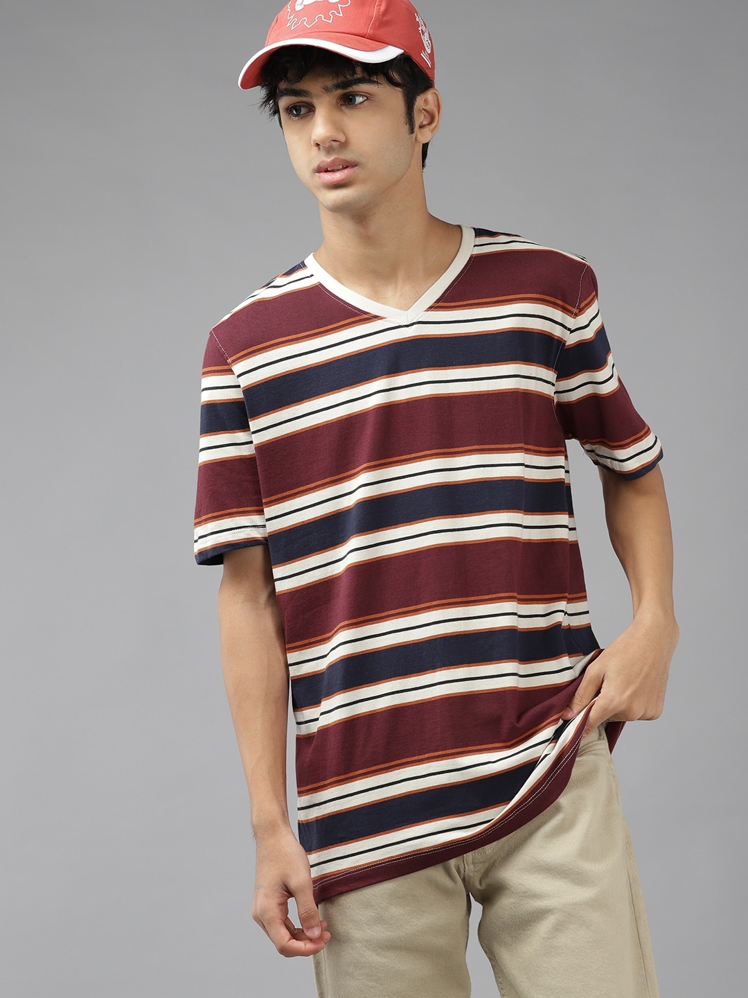 

UTH by Roadster Boys Off White & Maroon Striped Pure Cotton T-shirt