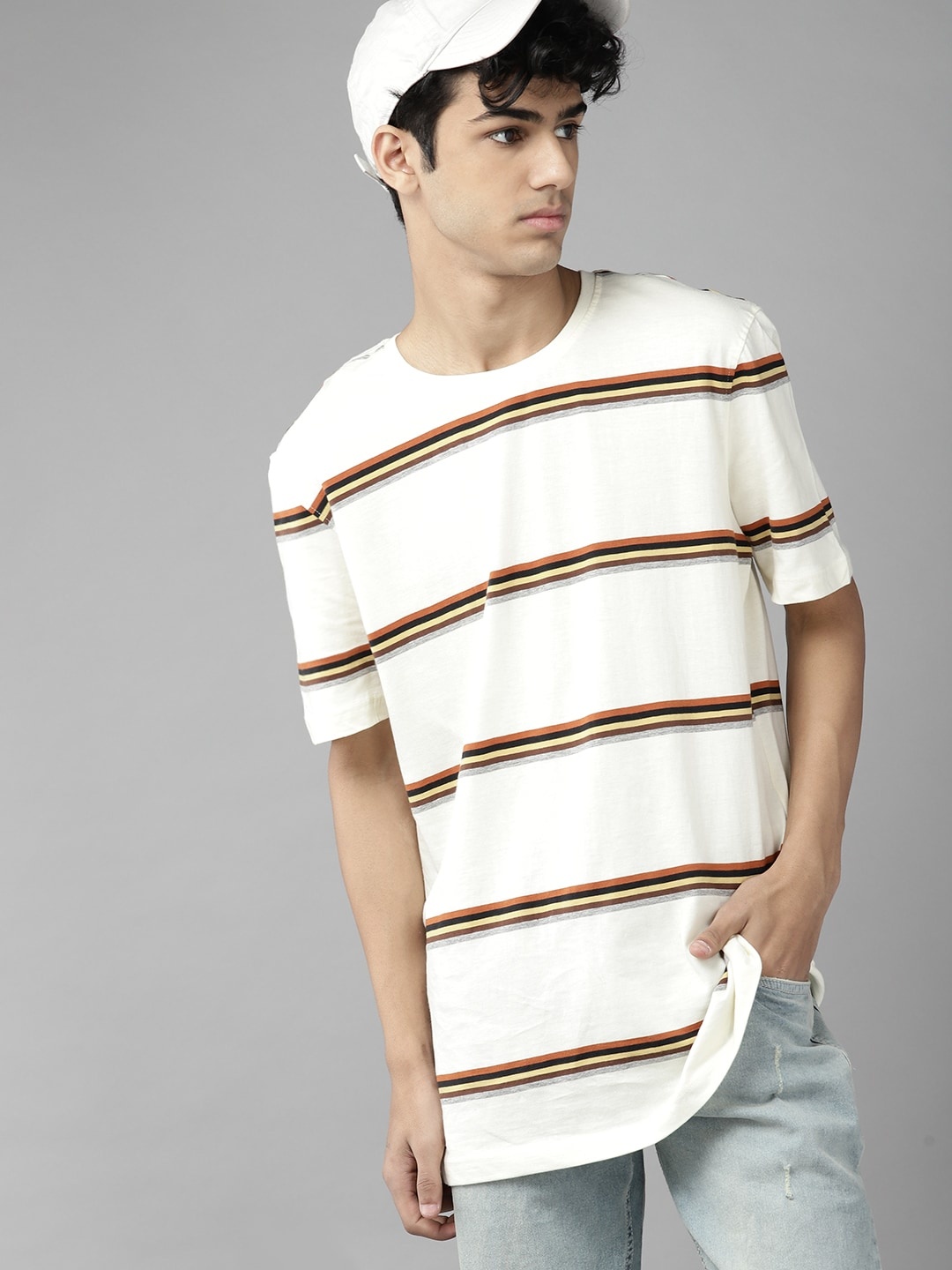 

UTH by Roadster Boys Cream-Coloured & Maroon Pure Cotton Striped T-shirt