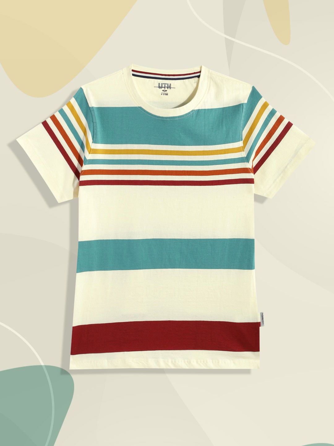 

UTH by Roadster Boys Off White & Teal Blue Striped Pure Cotton T-shirt