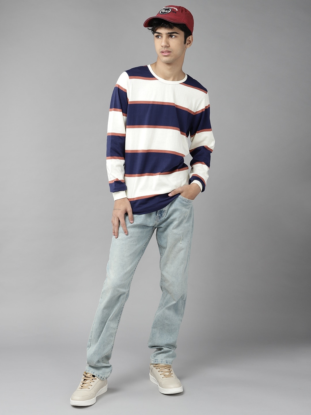 

UTH by Roadster Boys Cream-Coloured & Navy Blue Pure Cotton Striped T-shirt