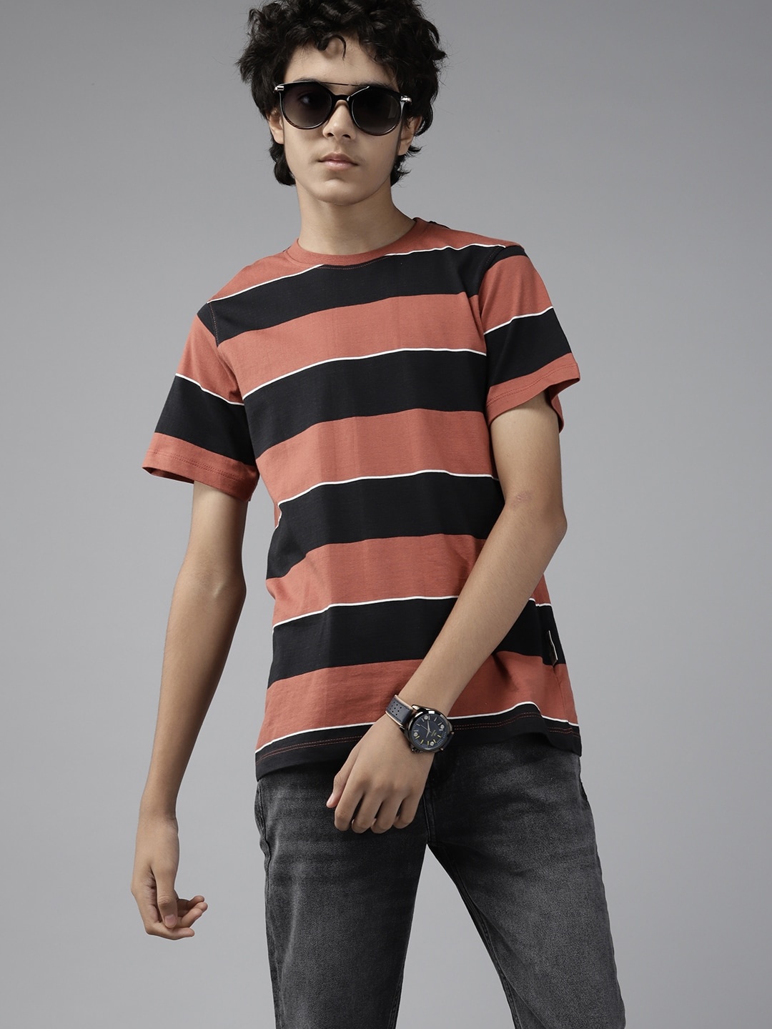

UTH by Roadster Boys Rust Red & Black Pure Cotton Striped T-shirt