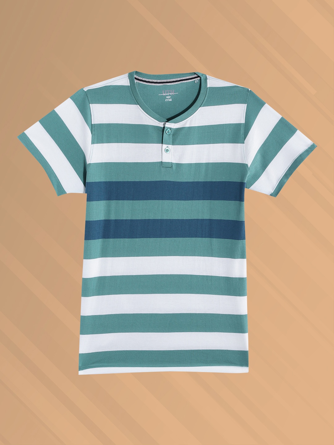 

UTH by Roadster Boys White & Green Striped Henley Neck Cotton T-shirt