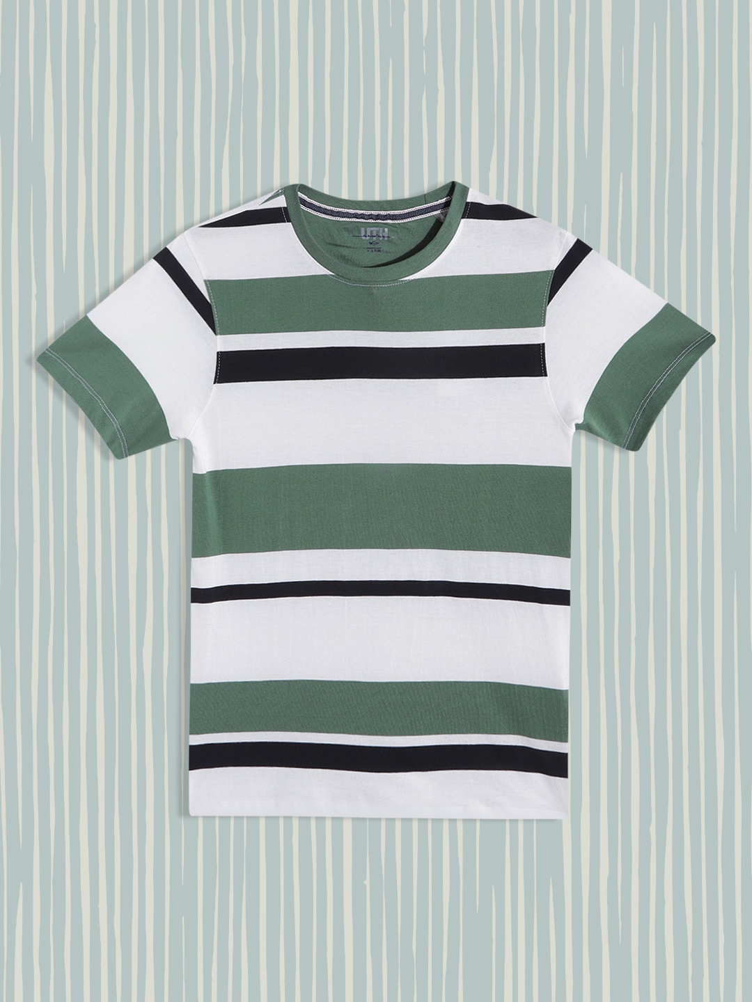 

UTH by Roadster Teen Boys Green & White Pure Cotton Striped T-shirt
