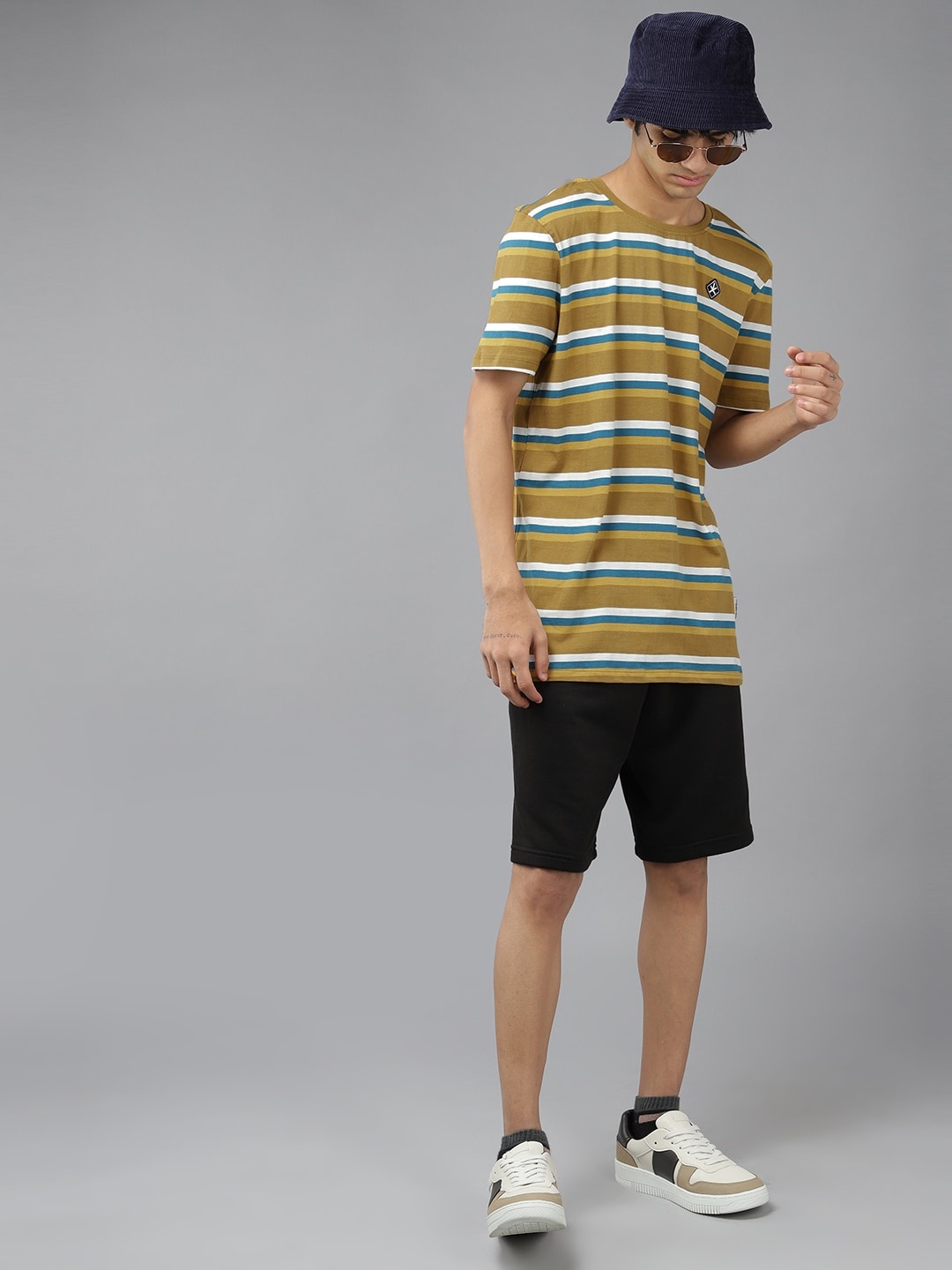 

UTH by Roadster Boys Yellow & Teal Blue Striped Cotton T-shirt