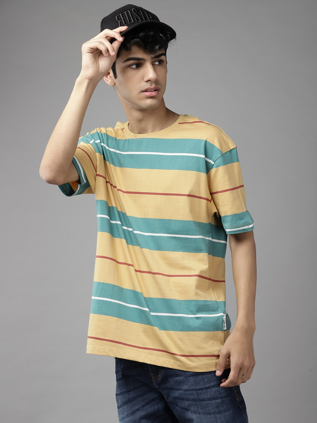 

UTH by Roadster Boys Yellow & Blue Striped Pure Cotton T-shirt