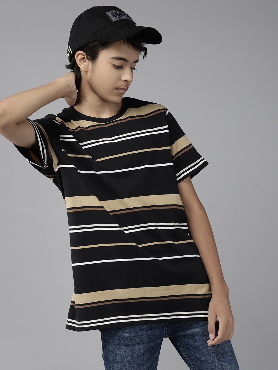 

UTH by Roadster Boys Black & Camel Brown Striped Pure Cotton T-shirt