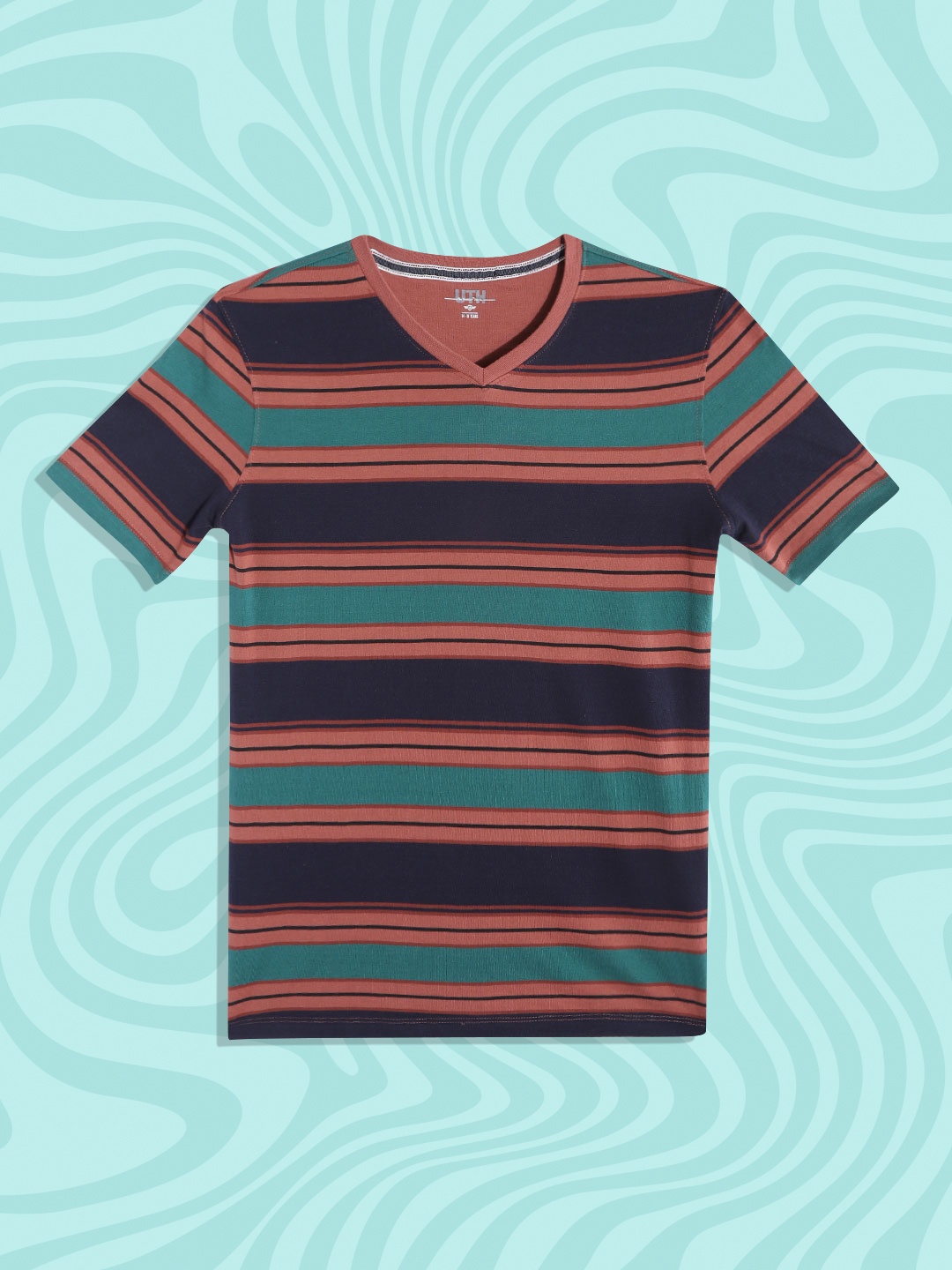 

UTH by Roadster Teen Boys Rust & Navy Blue Pure Cotton Striped V-Neck T-shirt