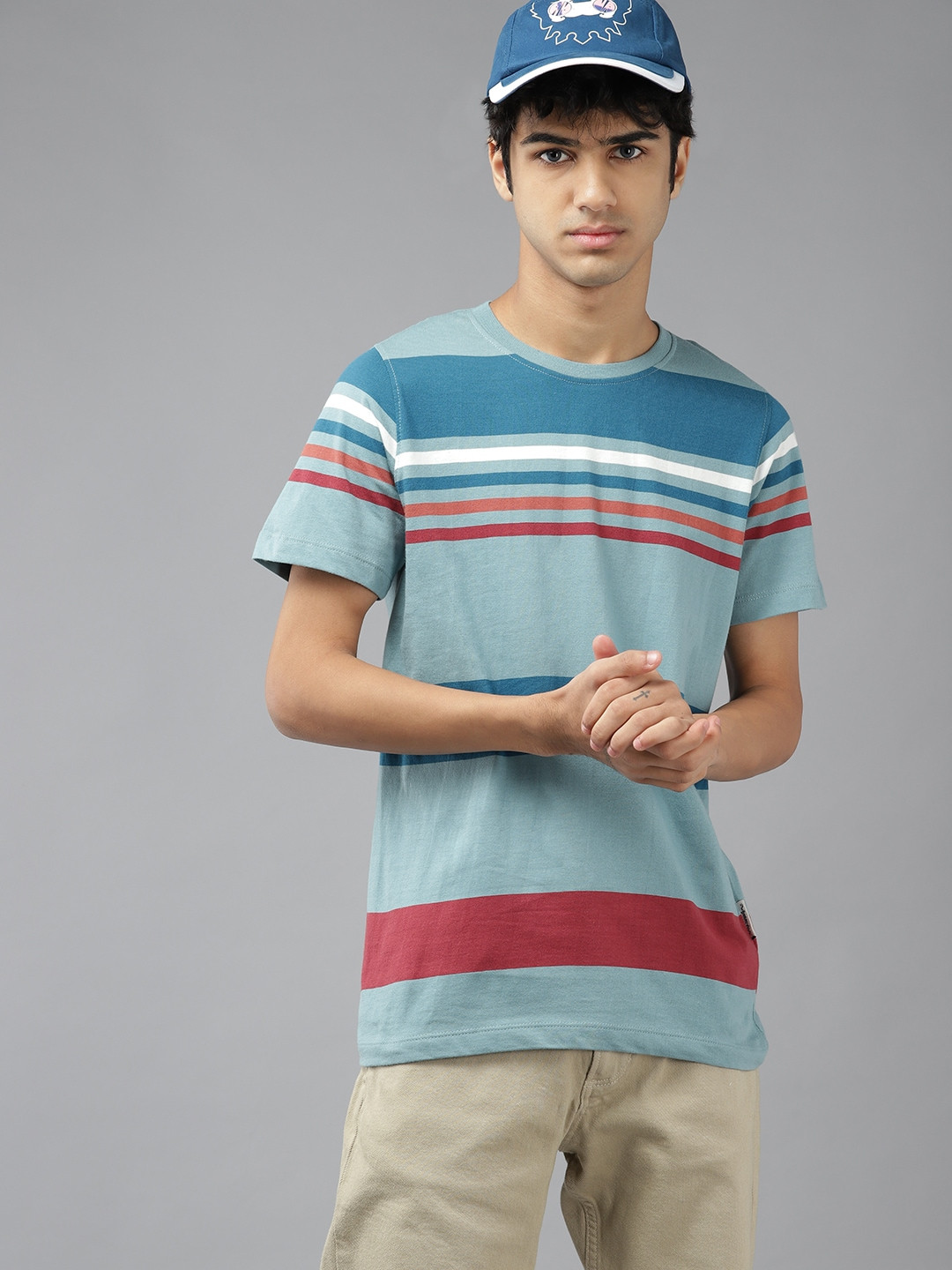 

UTH by Roadster Boys Green & Blue Striped Pure Cotton T-shirt