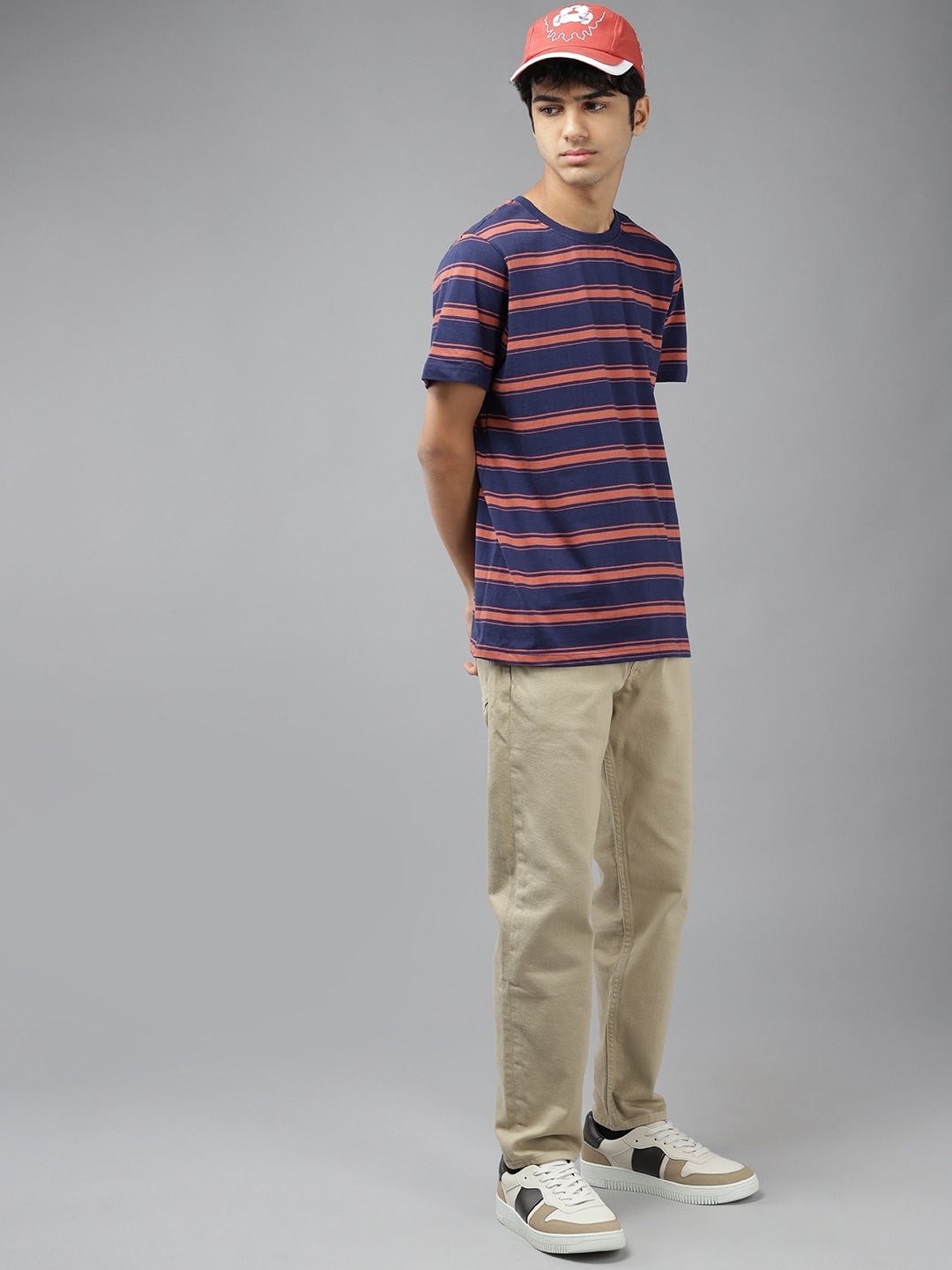 

UTH by Roadster Boys Navy Blue & Rust Orange Striped Pure Cotton T-shirt