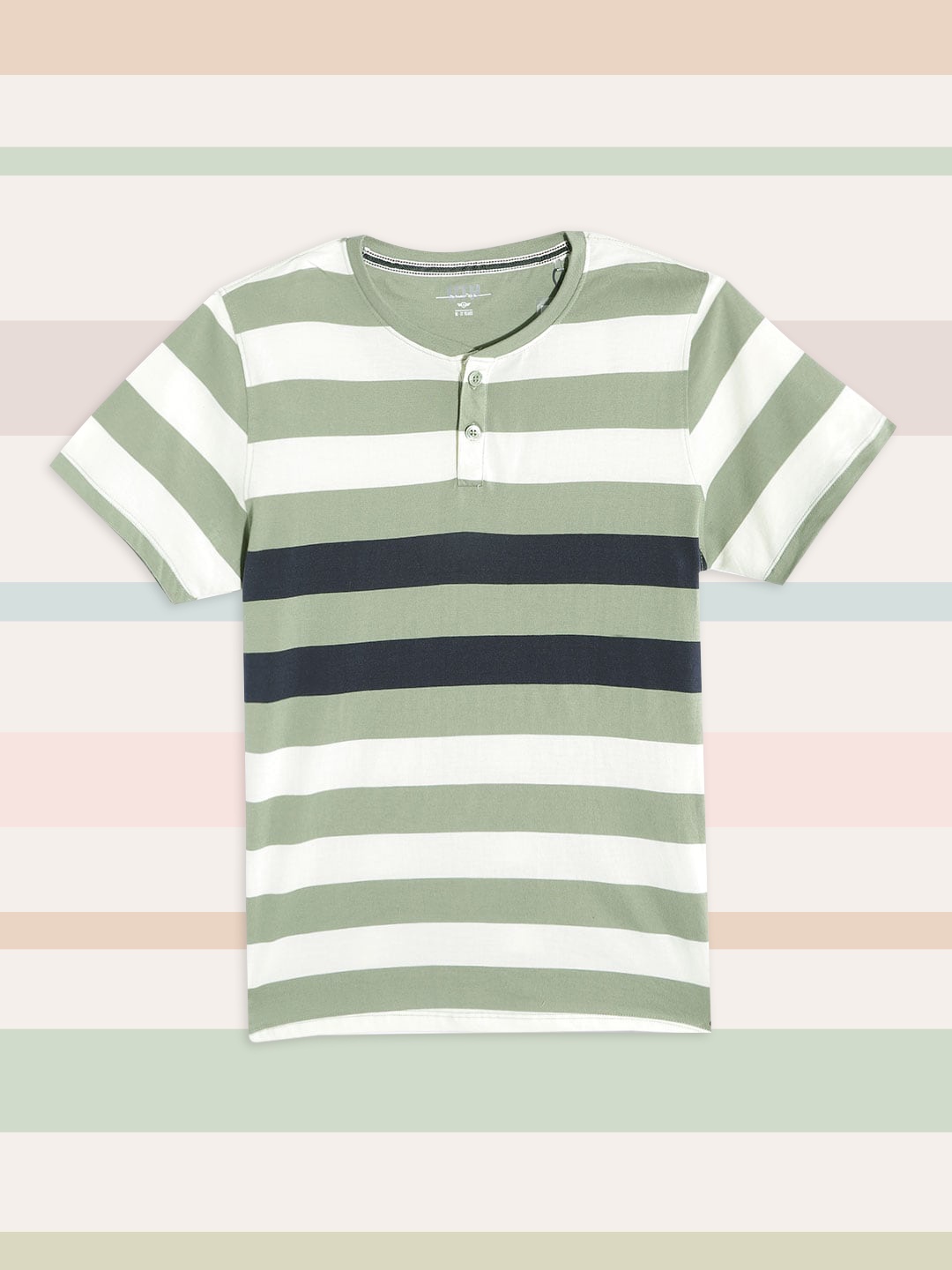 

UTH by Roadster Boys Green & Off White Striped Henley Neck Pure Cotton T-shirt