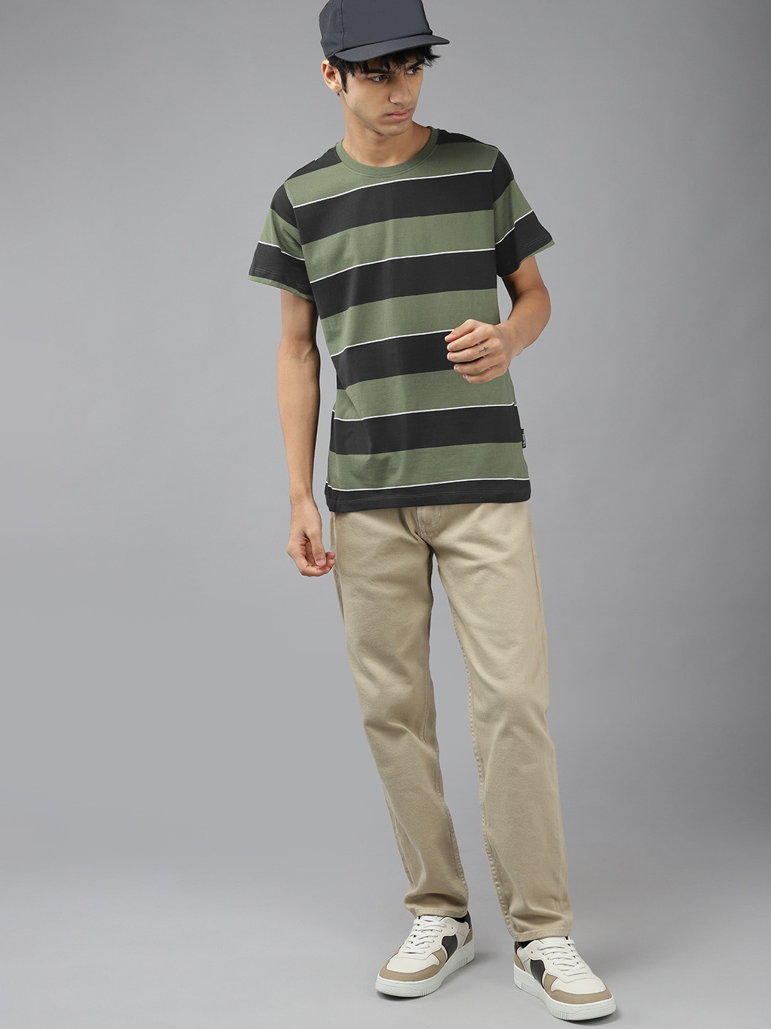 

UTH by Roadster Boys Olive Green & Black Striped Pure Cotton T-shirt