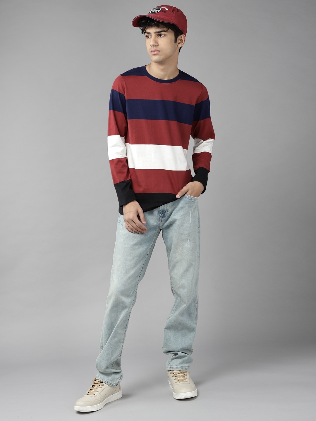 

UTH by Roadster Boys Navy Blue & Maroon Pure Cotton Striped T-shirt