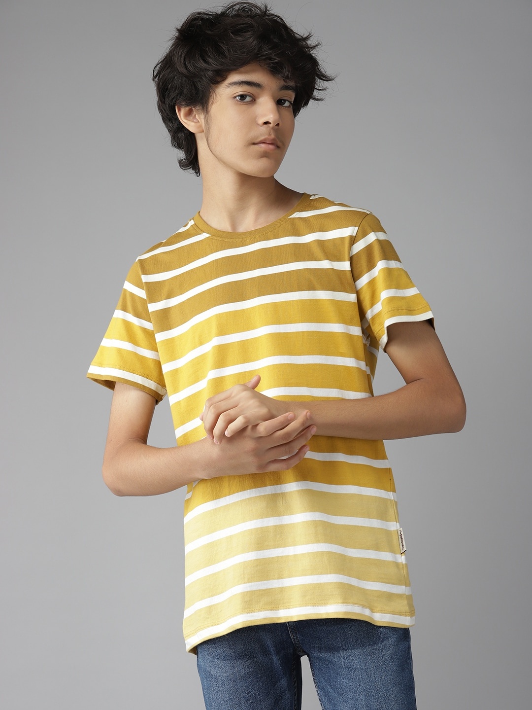 

UTH by Roadster Boys Yellow & Off White Striped Pure Cotton T-shirt