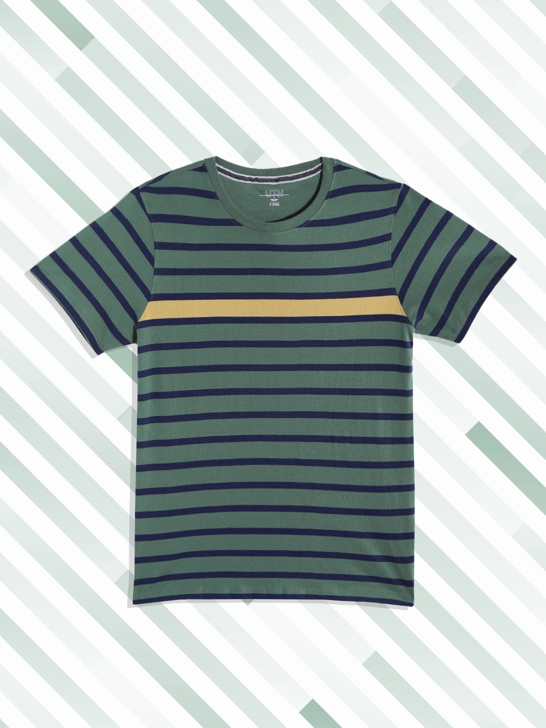 

UTH by Roadster Teen Boys Green & Navy Blue Pure Cotton Striped T-shirt